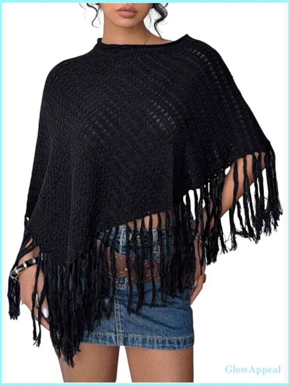 Hollow Out Poncho Sweater Asymmetrical Fringe Hem Knitted Pullover Shawl Wrap